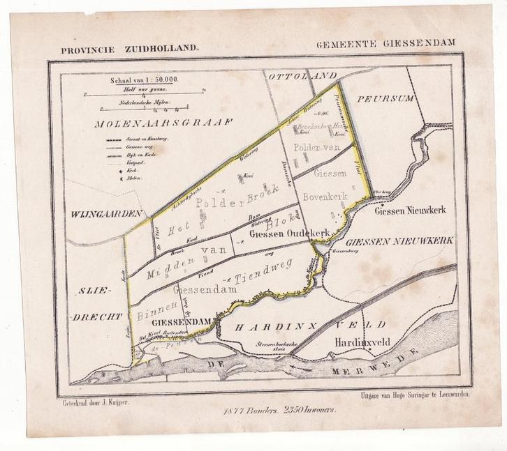Giessendam kaart door J. Kuijper uitgave Hugo Suringar 1877, Boeken, Atlassen en Landkaarten, Gelezen, Landkaart, Nederland, 1800 tot 2000