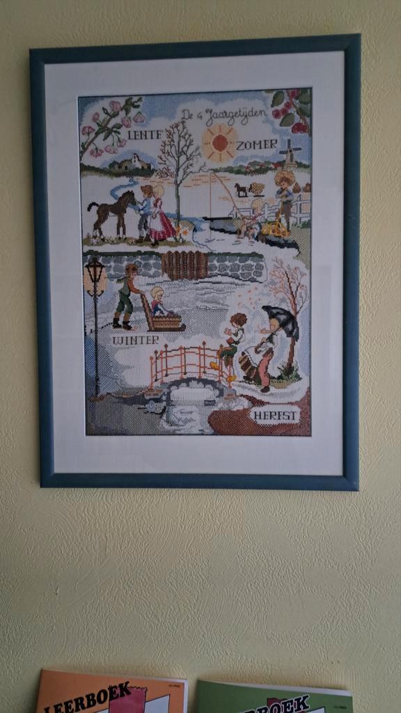 Geborduurd Schilderij - De 4 Jaargetijden - Rotterdam-Zuid, Antiek en Kunst, Kunst | Etsen en Gravures, Ophalen of Verzenden