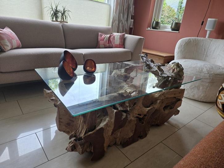 Unieke boomstamsalontafel met glasplaat 70 x 120m, Huis en Inrichting, Tafels | Salontafels, Gebruikt, Minder dan 50 cm, 50 tot 100 cm
