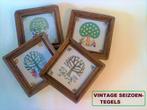 retro vintage vier seizoenen wand tegel houten lijst, Ophalen of Verzenden