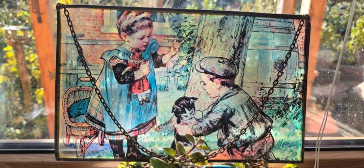 Vintage Glas-in-lood Raamhanger Kinderen, Antiek en Kunst, Kunst | Overige Kunst, Ophalen