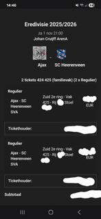 2 tickets Ajax - SC Heerenveen Vak425, Tickets en Kaartjes, Losse kaart, Twee personen, November