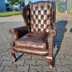 Oud Engelse Chesterfield fauteuil bruin leer + BEZORGD, Ophalen of Verzenden