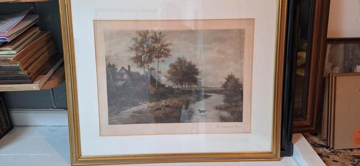 Ingelijste rivierlandschap prent, Antiek en Kunst, Kunst | Etsen en Gravures, Ophalen