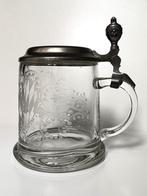 Glazen bierpul geslepen sierlijk tinnen dop Glas Beer Mug, Ophalen of Verzenden
