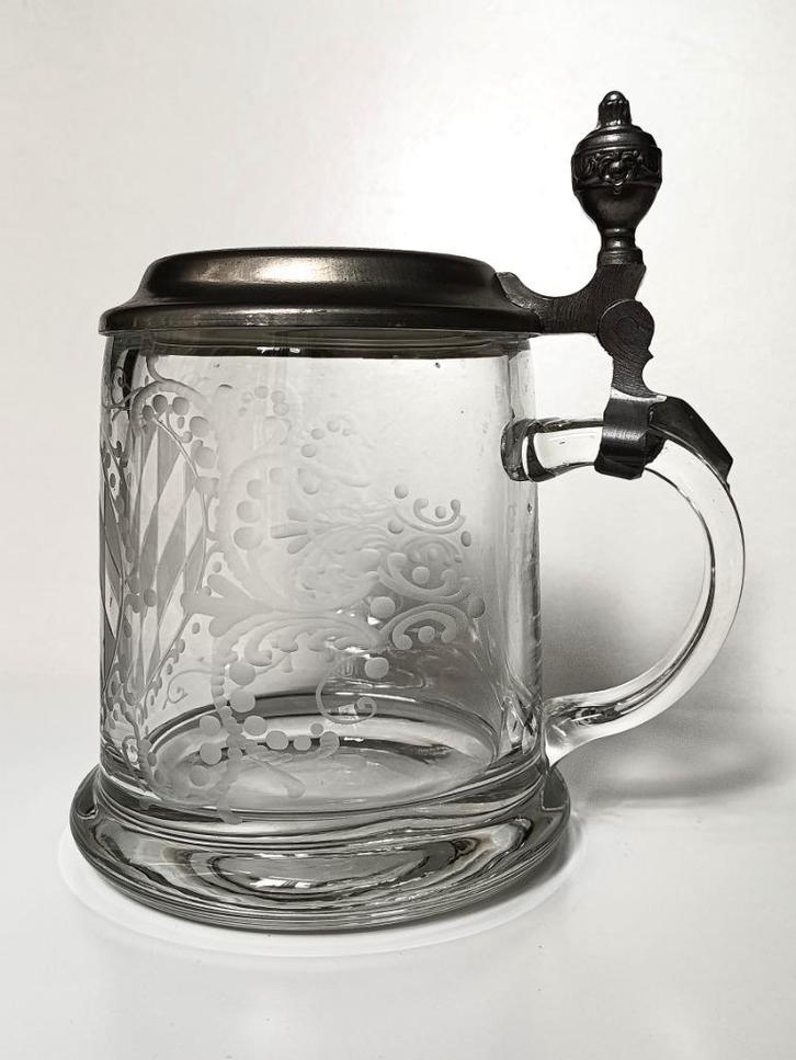 Glazen bierpul geslepen sierlijk tinnen dop Glas Beer Mug, Antiek en Kunst, Antiek | Glas en Kristal, Ophalen of Verzenden