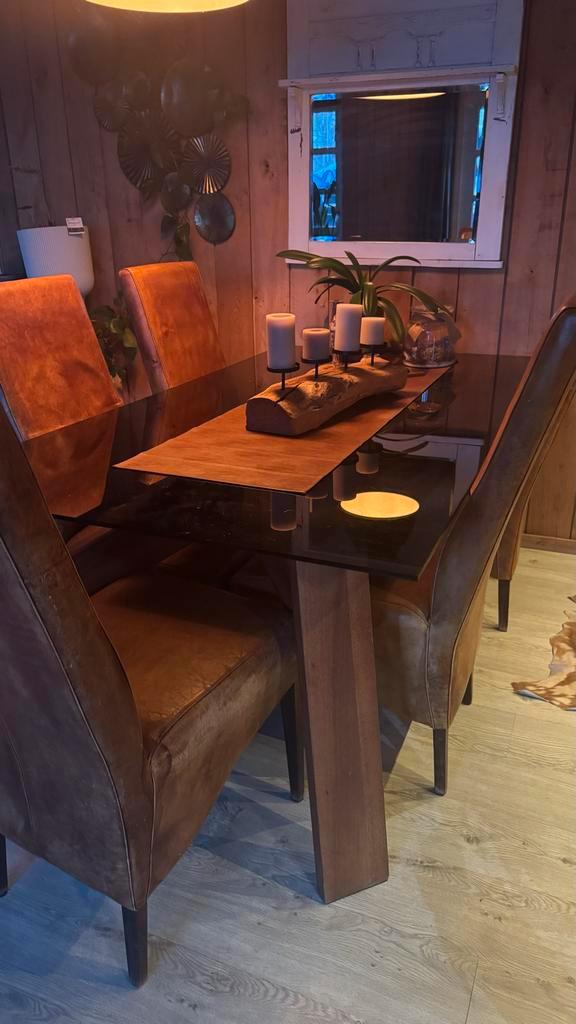 Glazen Eettafel met Houtlook Onderstel, Huis en Inrichting, Tafels | Eettafels, 100 tot 150 cm, 200 cm of meer, Vijf personen of meer