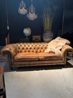 Antieke Vintage Chesterfield Bank Cognac Leer, Gebruikt, 100 tot 125 cm, Driepersoons, Leer