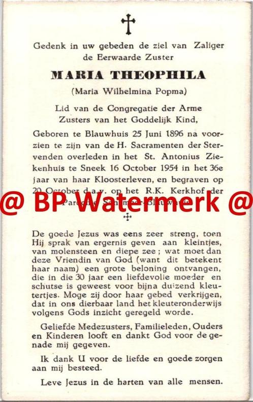 Popma Maria 1895 Blauwhuis 1954 Sneek zr Theophila - 22478, Verzamelen, Bidprentjes en Rouwkaarten, Bidprentje, Ophalen of Verzenden