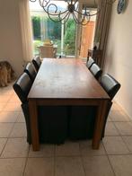 Houten eetkamertafel met 6 kunstleren fauteuil met Wieltjes, Ophalen, Gebruikt, 4 tot 6 stoelen