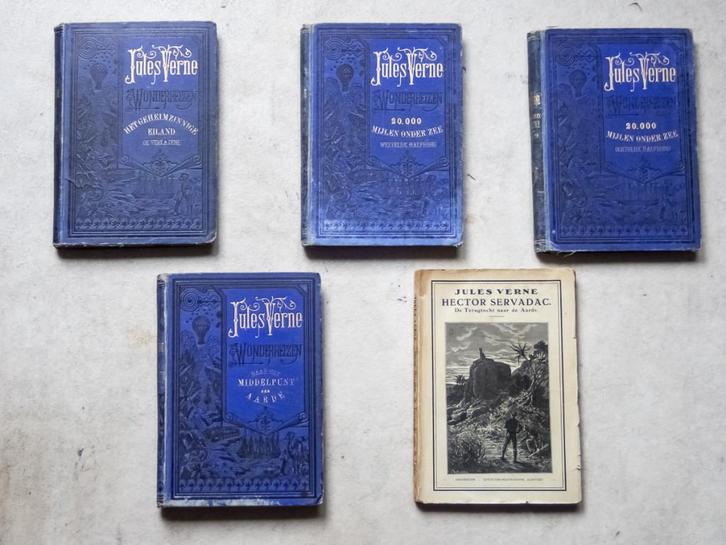 Jules Verne - 4 eerste drukken Blauwe Bandjes 1877, Boeken, Avontuur en Actie, Gelezen, Ophalen of Verzenden