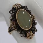 Vintage 14k dames ring goud roos diamant Jade Nefriet parels, Goud, Met edelsteen, Ophalen of Verzenden, Ring