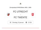 2 kaartjes Fc Utrecht - Fc Twente KNVB Beker, Losse kaart, Twee personen, Januari