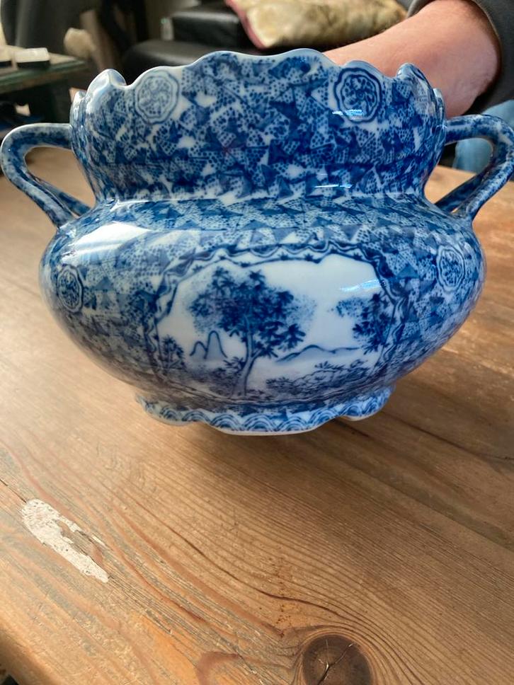 Antieke blauw-witte cachepot met oren, Antiek en Kunst, Antiek | Keramiek en Aardewerk, Ophalen of Verzenden