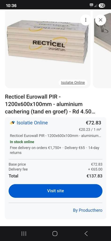 Recticel Isolatieplaten 1200x600x100mm tand en groef, Doe-het-zelf en Verbouw, Isolatie en Afdichting, Zo goed als nieuw, Vloerisolatie