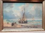Olieverf op eiken paneel, strand boot mensen, A. Ruisz oid, Antiek en Kunst, Kunst | Schilderijen | Klassiek, Ophalen of Verzenden