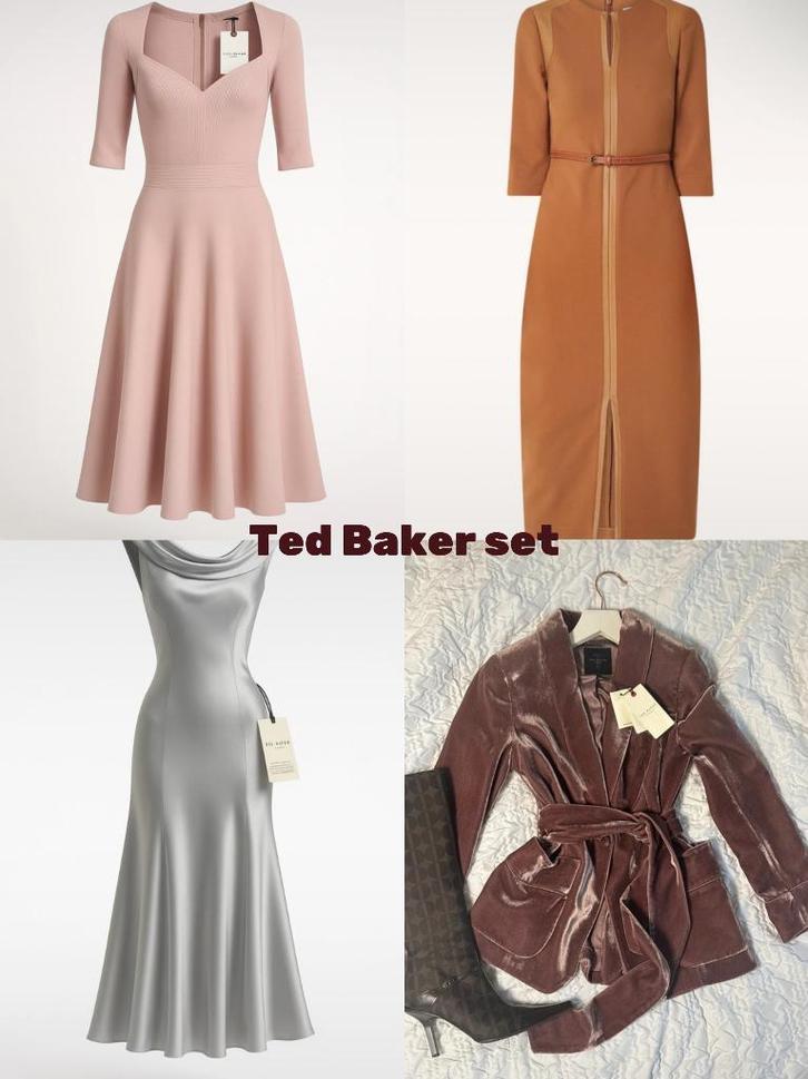 €1200 Ted baker kleding set 3 Jurken - 1 blazer feest, Kleding | Dames, Jurken, Zo goed als nieuw, Maat 36 (S), Bruin, Onder de knie