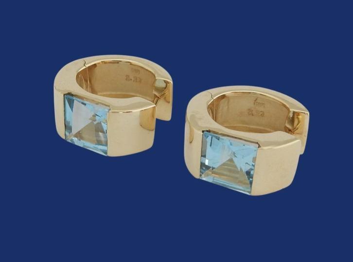 Brede 14 karaat Gouden Oorbellen met Aquamarijn Edelstenen, Sieraden, Tassen en Uiterlijk, Oorbellen, Nieuw, Goud, Goud, Met edelsteen