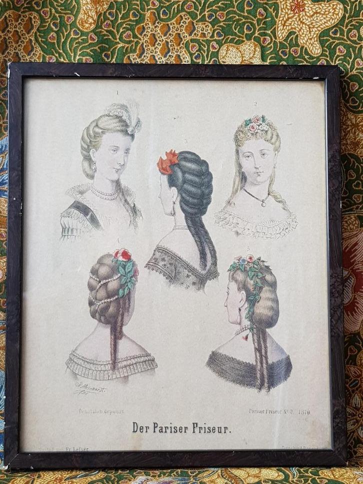 Mooie antieke ingelijste kappersmode prent uit Duitsland., Antiek en Kunst, Kunst | Litho's en Zeefdrukken, Ophalen of Verzenden