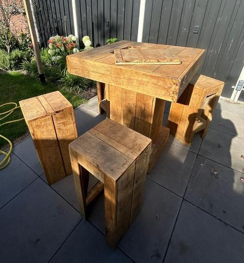 Statafel met 4 krukken, steigerhout, Huis en Inrichting, Barkrukken, Zo goed als nieuw, 60 tot 90 cm, Hout, 4 krukken, Ophalen