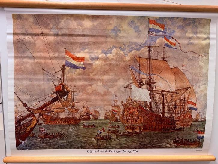 Historische schoolplaat Vierdaagse Zeeslag 1666, Antiek en Kunst, Antiek | Schoolplaten, Geschiedenis, Ophalen of Verzenden