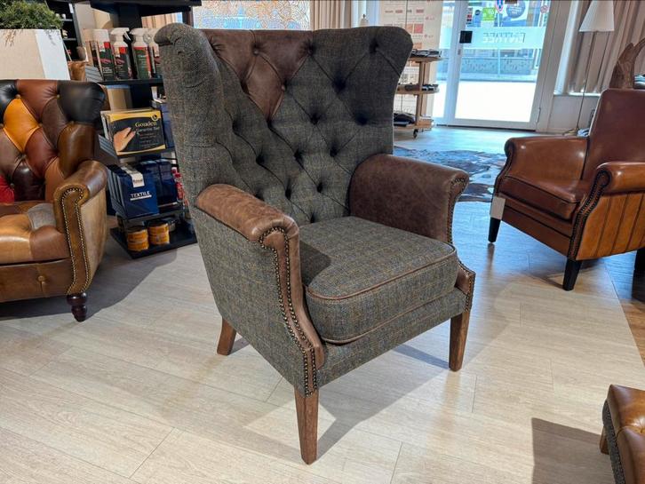 CHESTERFIELD STOF OXFORD HARRIS TWEED MET LEER, Huis en Inrichting, Fauteuils, Nieuw, Leer, 75 tot 100 cm, Ophalen of Verzenden