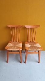 Vintage eiken stoelen met biezen zitting - set van 2, Riet of Rotan, Twee, Bruin, Vintage