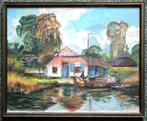 Aquarel Boerderij met hooiberg en boot, Ophalen of Verzenden