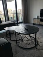 3-Delige Ronde Salontafel Set – Zwart Metaal & Hout, Ophalen, 50 tot 100 cm, Rond, Metaal