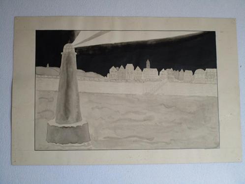 Nr.59: Oude tekening Aquarel Schilderij Vuurtoren met Skylin, Huis en Inrichting, Woonaccessoires | Schilderijen, Tekeningen en Foto's