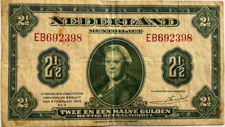 2,5 gulden 1943, Postzegels en Munten, Bankbiljetten | Nederland, Los biljet, 2½ gulden, Ophalen of Verzenden