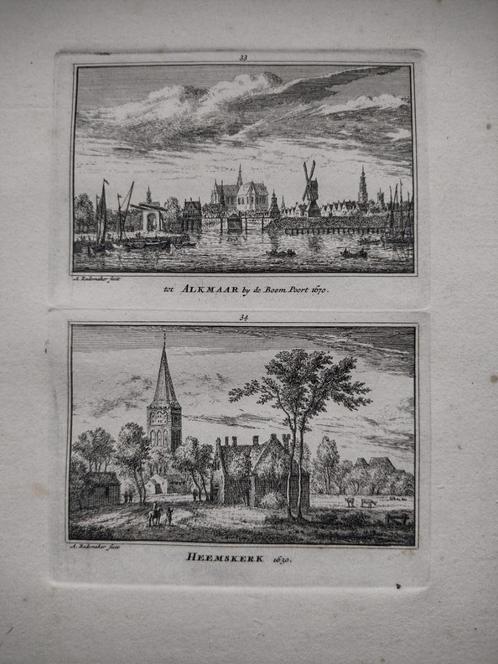 033-034 Alkmaar Heemskerk Kopergravure dl 3 18e Eeuw, Antiek en Kunst, Kunst | Etsen en Gravures, Ophalen of Verzenden