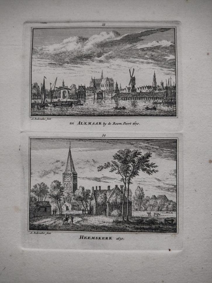 033-034 Alkmaar Heemskerk Kopergravure dl 3 18e Eeuw, Antiek en Kunst, Kunst | Etsen en Gravures, Ophalen of Verzenden