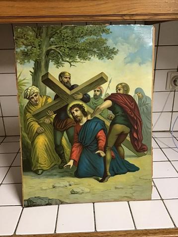 Oude prent kruisweg : Jezus valt onder zijn kruis beschikbaar voor biedingen