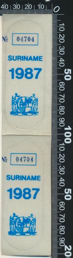 Sticker: Suriname 1987, Ophalen of Verzenden, Zo goed als nieuw, Bedrijf of Vereniging