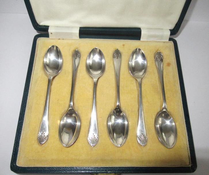 Set van zes sterling zilver koffielepels in etui, Birmingham, Antiek en Kunst, Antiek | Goud en Zilver, Zilver, Ophalen of Verzenden