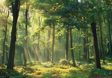 Groen Bos met zonnestralen fotobehang, Fotobehang4you beschikbaar voor biedingen