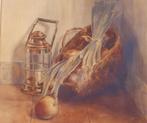 Aquarel in lijst van D. van Rij; “Stilleven met olielamp”, Antiek en Kunst, Kunst | Schilderijen | Klassiek, Ophalen of Verzenden
