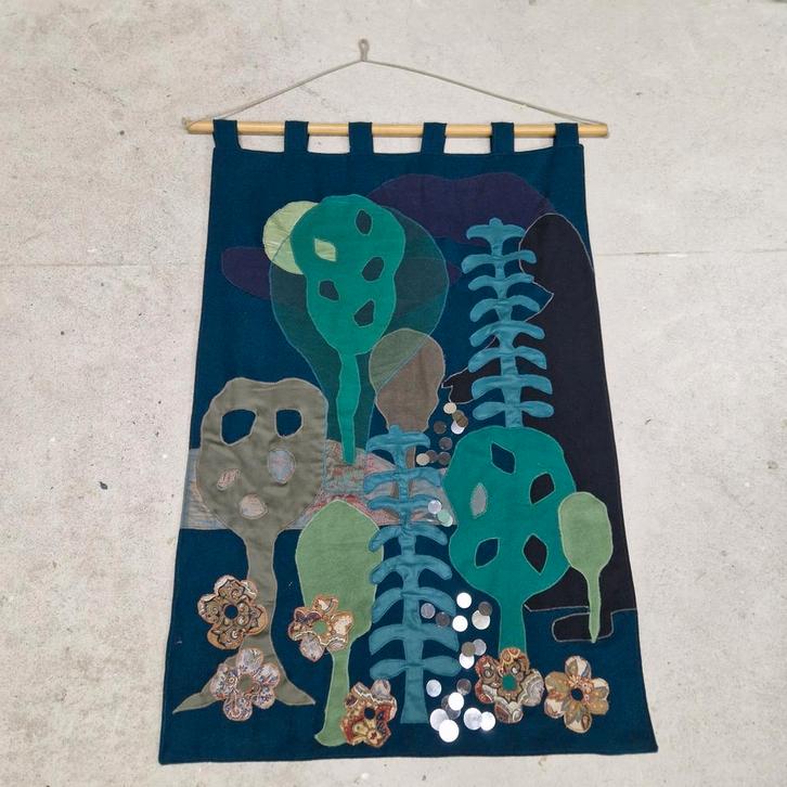 Jaren 70 vintage wandkleed schilderij kleed, Antiek en Kunst, Curiosa en Brocante, Ophalen of Verzenden