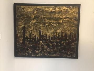 Semi abstract doek. Titel: Gaza beschikbaar voor biedingen
