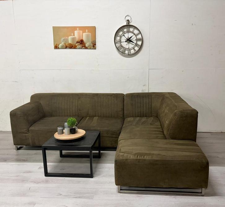 Hoekbank Olijfgroen - Professioneel gereinigd, Huis en Inrichting, Banken | Bankstellen, Zo goed als nieuw, Hoekbank, Vierpersoons of meer