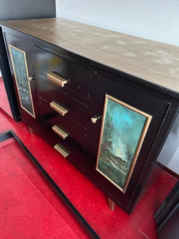 Vintage kast/commode orig. olieverfschilderij zeer stevig