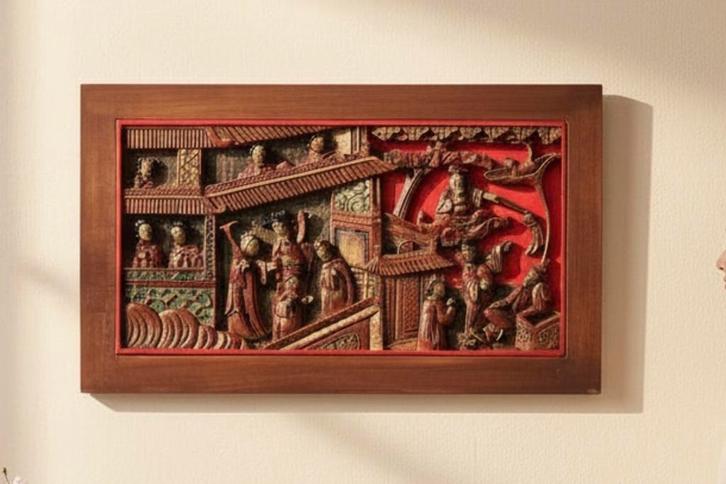 Houten Wandpaneel met Aziatische Scène vinted, Antiek en Kunst, Kunst | Beelden en Houtsnijwerken, Ophalen of Verzenden