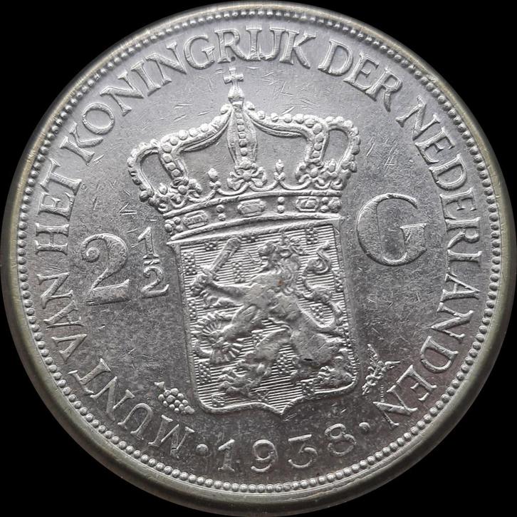 Zilveren Rijksdaalder 1938 Wilhelmina Grofhaar, Postzegels en Munten, Munten | Nederland, Losse munt, 2½ gulden, Koningin Wilhelmina