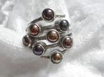 Prachtige Zilveren Ring met 8 donkere Parels - 19,5 - 19 3/4, Verzenden, Zilver, Ring, Met edelsteen