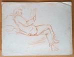 A493-32 Oude tekening Man lezend op bank - stadsgezicht, Ophalen of Verzenden