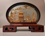 Vintage Chinees Kurk Diorama | Handgesneden Pagode Scène, Ophalen of Verzenden