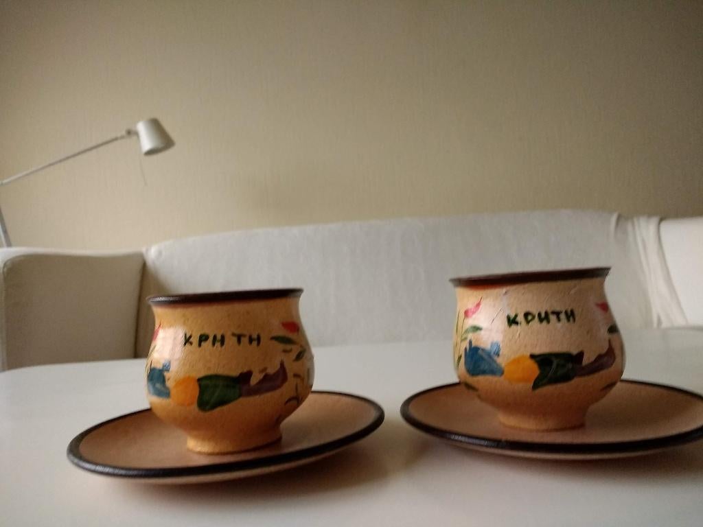 2 x Griekse kop en schotel Kreta, Griekenland handgemaakt, Huis en Inrichting, Keuken | Servies, Keramiek, Nieuw, Ophalen of Verzenden