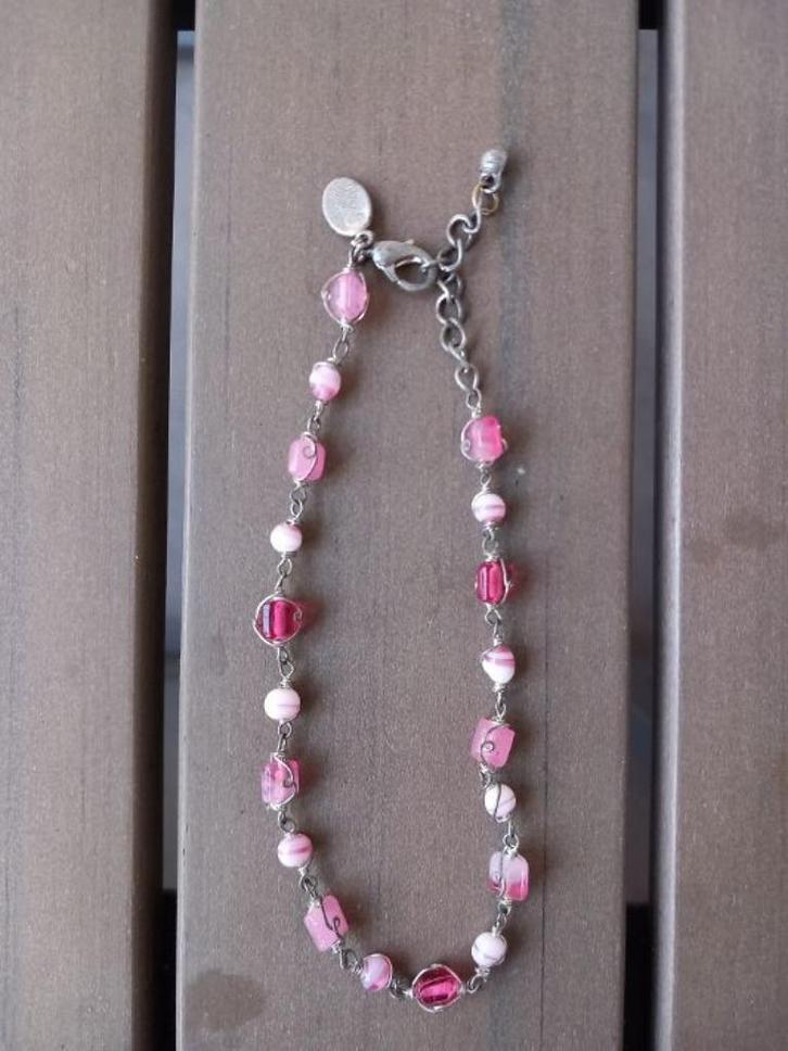 N08 Enkelbandje roze kralen, Sieraden, Tassen en Uiterlijk, Enkelbandjes en Enkelkettinkjes, Gebruikt, Overige materialen, Met bedels of kralen