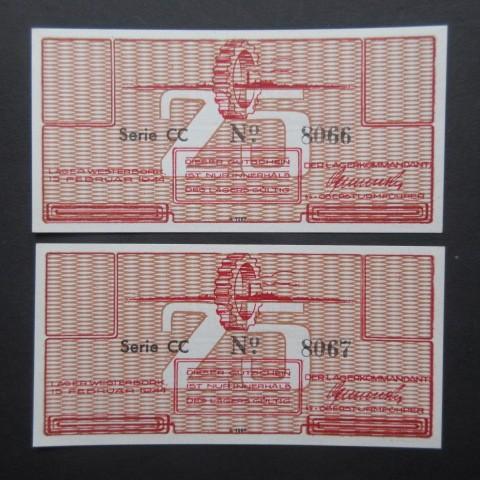 2 x 25 Cent 1944 Westerbork UNC [Opvolgende Serienummers], Postzegels en Munten, Bankbiljetten | Nederland, Setje, Verzenden